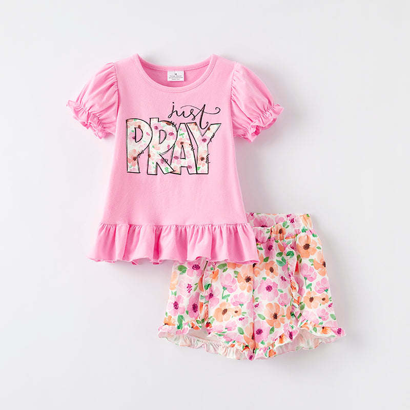 (In Stock)One Pack(6 Pieces total) Sale Girls Spring and Summer Just Pray Print Shorts Set