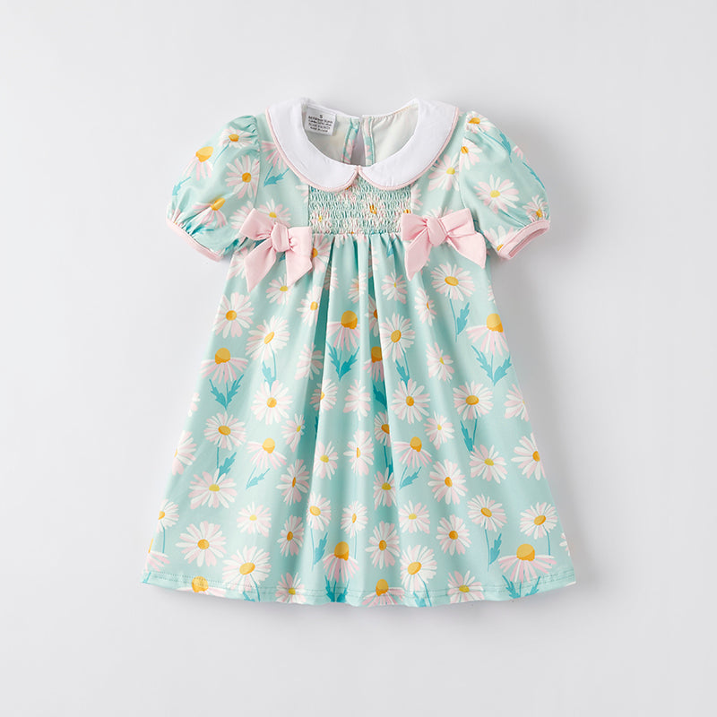 (In Stock)Girls Spring and Summer Daisy Print Smocked Doll Neck Dress
