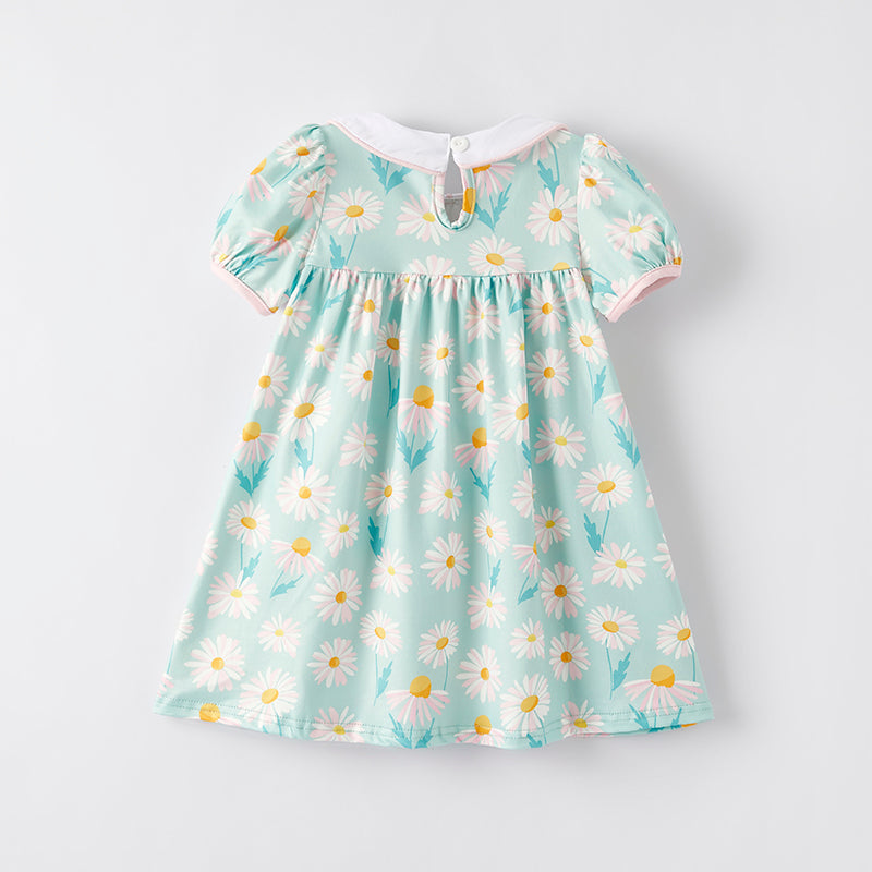 (In Stock)Girls Spring and Summer Daisy Print Smocked Doll Neck Dress