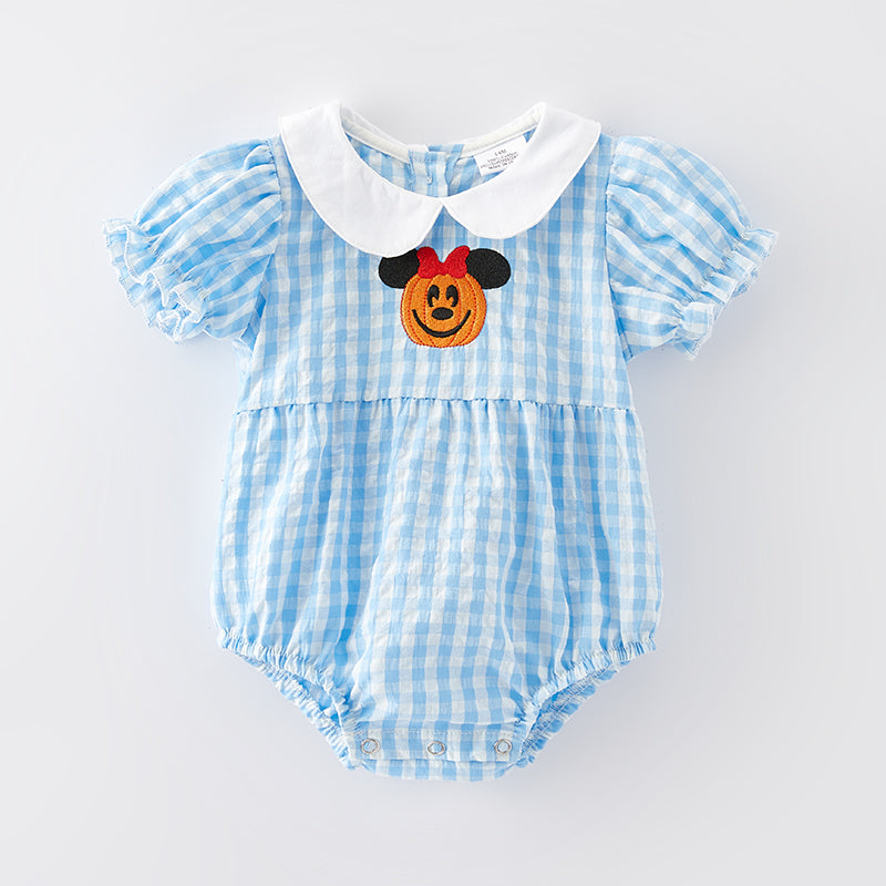 (In Stock) Baby Girls Halloween Pumpkin Embroidery Blue Plaid Romper