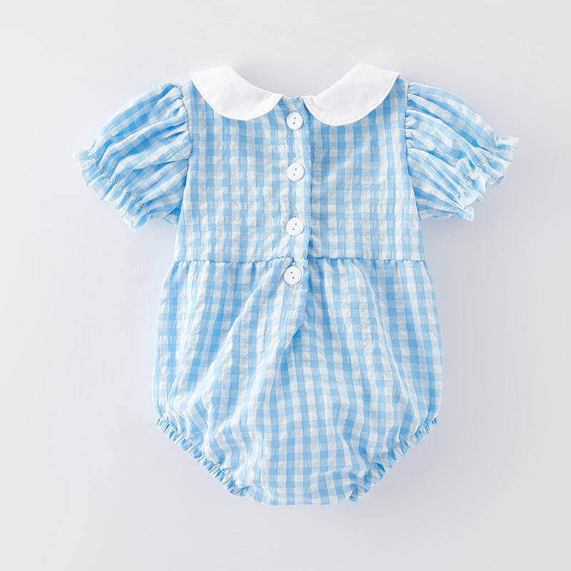 (In Stock) Baby Girls Halloween Pumpkin Embroidery Blue Plaid Romper