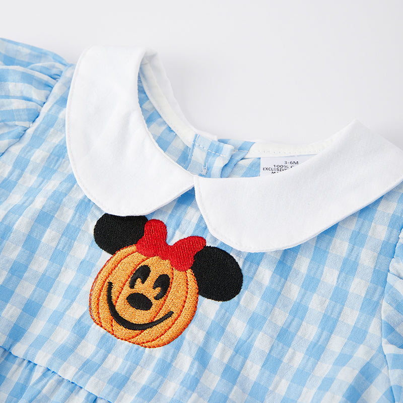 (In Stock) Baby Girls Halloween Pumpkin Embroidery Blue Plaid Romper