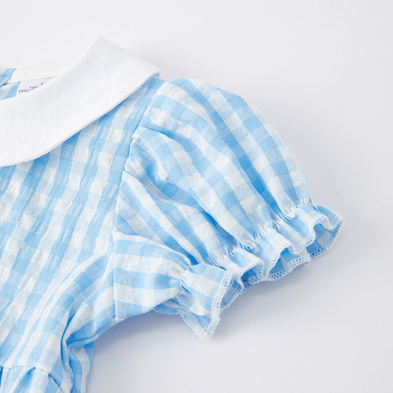 (In Stock) Baby Girls Halloween Pumpkin Embroidery Blue Plaid Romper