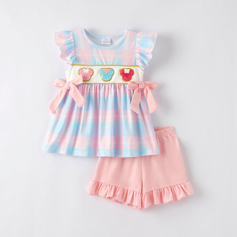 (In Stock)Girls Spring and Summer Cartoon Applique Shorts Set