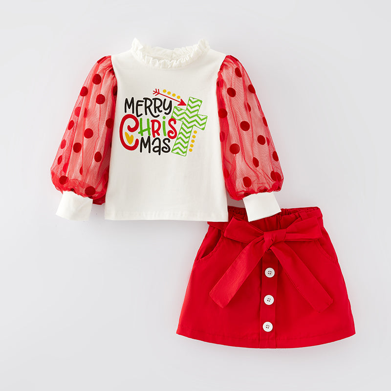 (In Stock L33-2-1)Girls Merry Christmas Print Skirt Set
