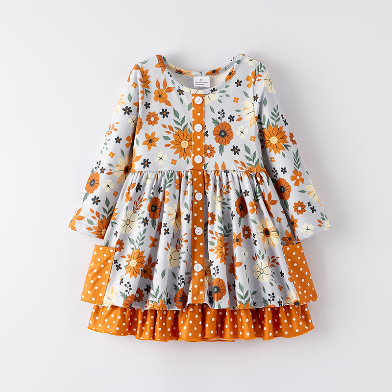 (In Stock)Girls Fall Brown Floral Print Dress