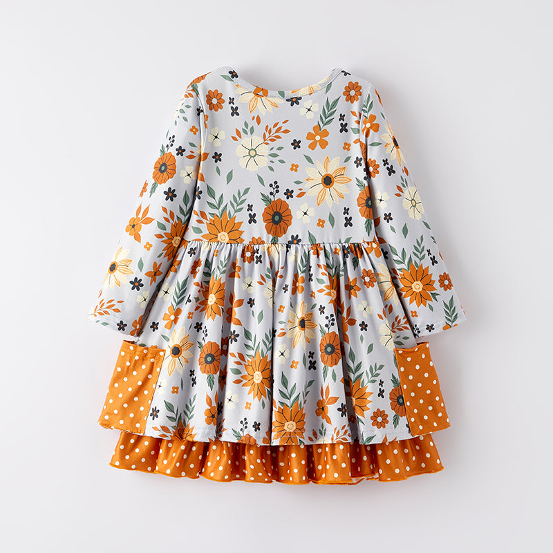 (In Stock)Girls Fall Brown Floral Print Dress