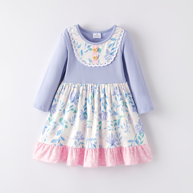 (In Stock)Girls Fall Lavender Floral Print Dress