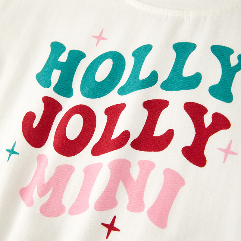 (In Stock G7-5-2 L34-2-3)Mommy and Me Christmas Holly Jolly Print Top Velvet Dress Set