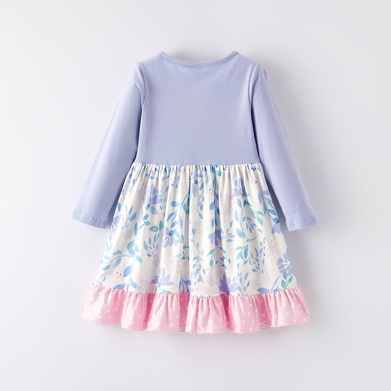 (In Stock)Girls Fall Lavender Floral Print Dress