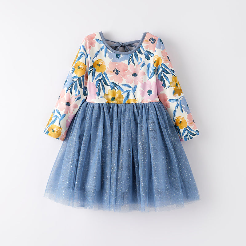In Stock）Girls Fall Floral Print Dusty Blue Tulle Dress