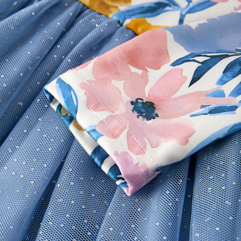 (In Stock)Girls Fall Floral Print Dusty Blue Tulle Dress