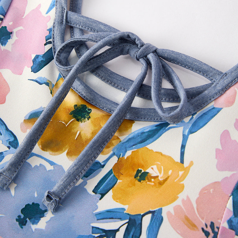 (In Stock)Girls Fall Floral Print Dusty Blue Tulle Dress