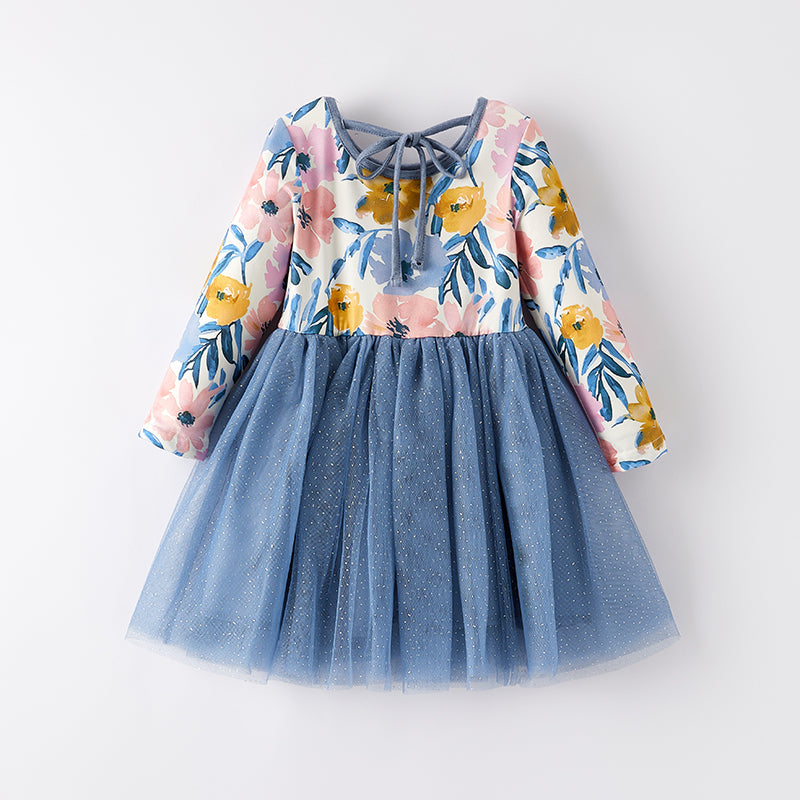 (In Stock)Girls Fall Floral Print Dusty Blue Tulle Dress