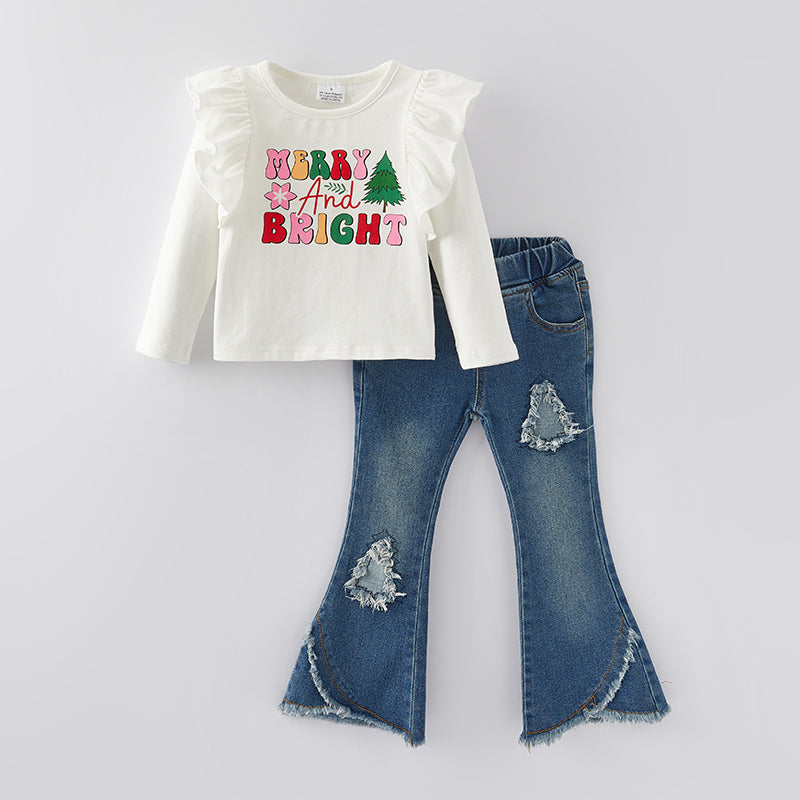 (In Stock Q13-3-2)Girls Christmas Print Denim Set
