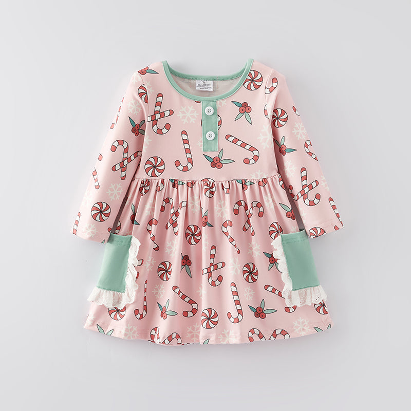 (In Stock Q13-1-2)Girls Christmas Candy Print Dress