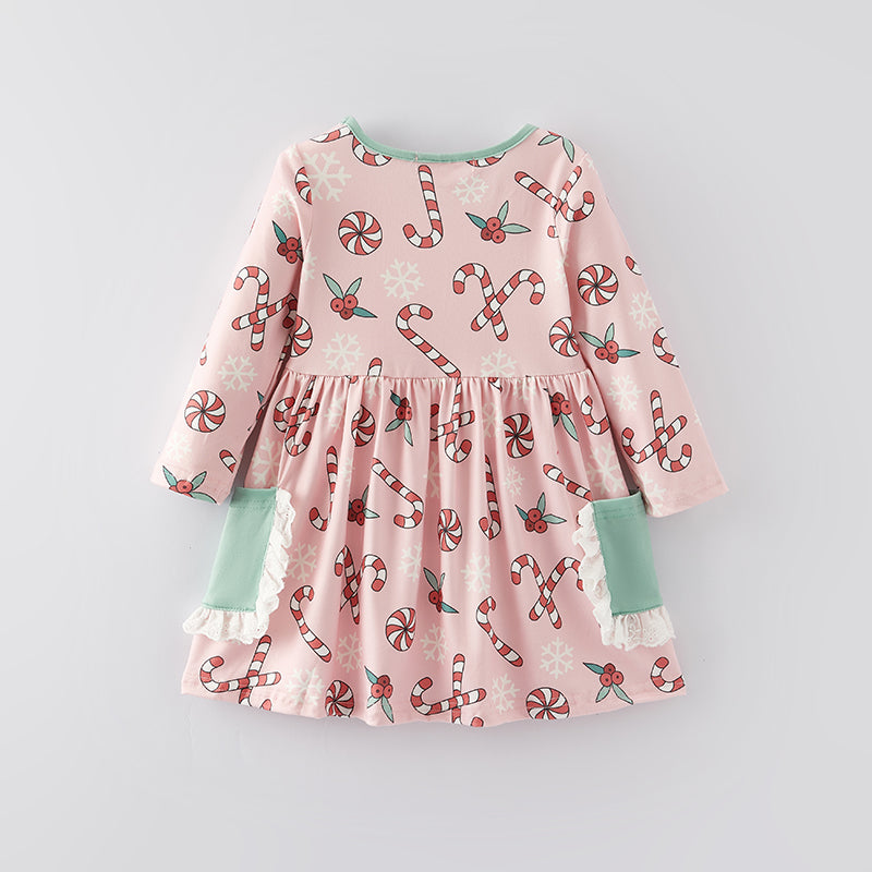 (In Stock Q13-1-2)Girls Christmas Candy Print Dress
