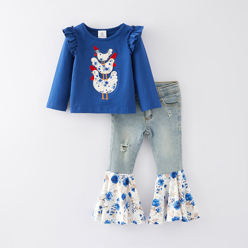 (In Stock Q11-1-2)One Pack(6 Pieces total) Sale Girls Fall Chick Applique Denim Set