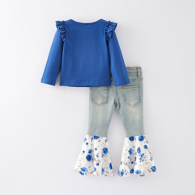 (In Stock Q11-1-2)One Pack(6 Pieces total) Sale Girls Fall Chick Applique Denim Set