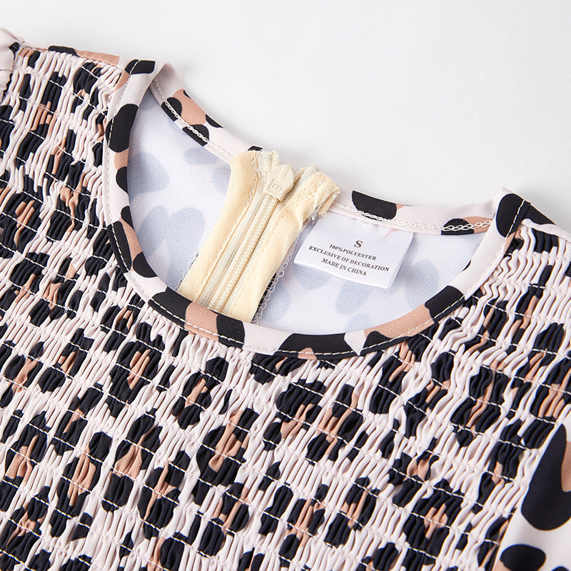 (In Stock)Girls Spring and Summer Leopard Print Smocked Dress