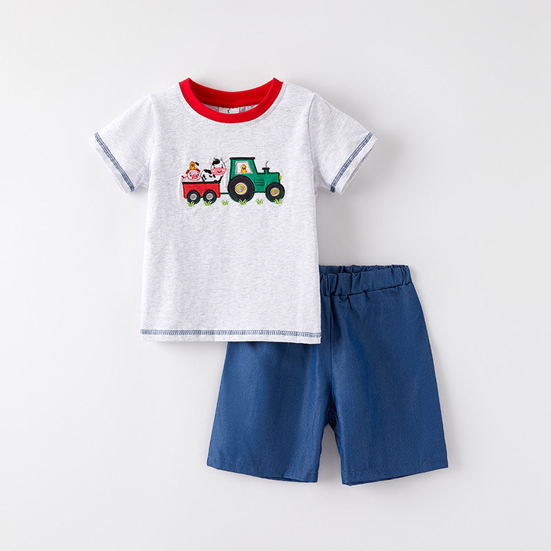 (In Stock)Boys Spring and Summer Farm Applique Shorts Set