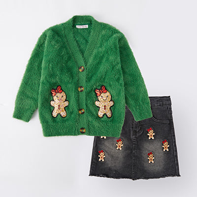 (In Stock A06)Girls Christmas Gingerbread Man Sequin Applique Cardigan and Denim Skirt