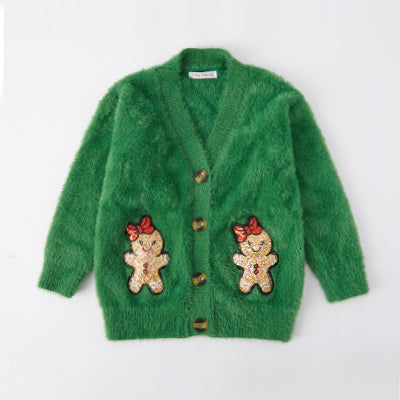 (In Stock A06)Girls Christmas Gingerbread Man Sequin Applique Cardigan and Denim Skirt