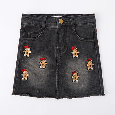 (In Stock A06)Girls Christmas Gingerbread Man Sequin Applique Cardigan and Denim Skirt