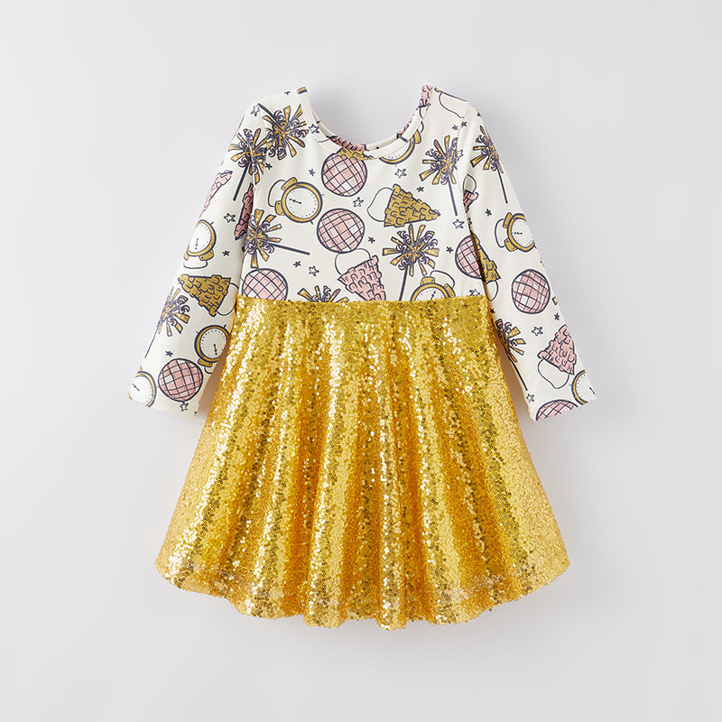 (In Stock E4-4-3)Girls Christmas Print Sequin Dress