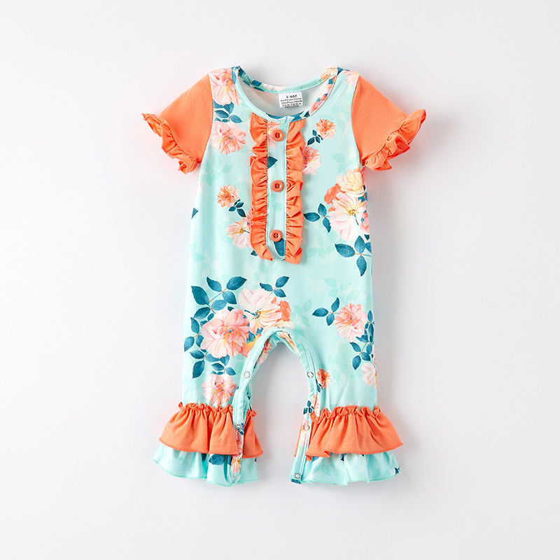 (In Stock)Toddler Girls Spring and Summer Coral Floral Print Romper