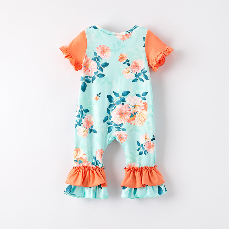 (In Stock)Toddler Girls Spring and Summer Coral Floral Print Romper