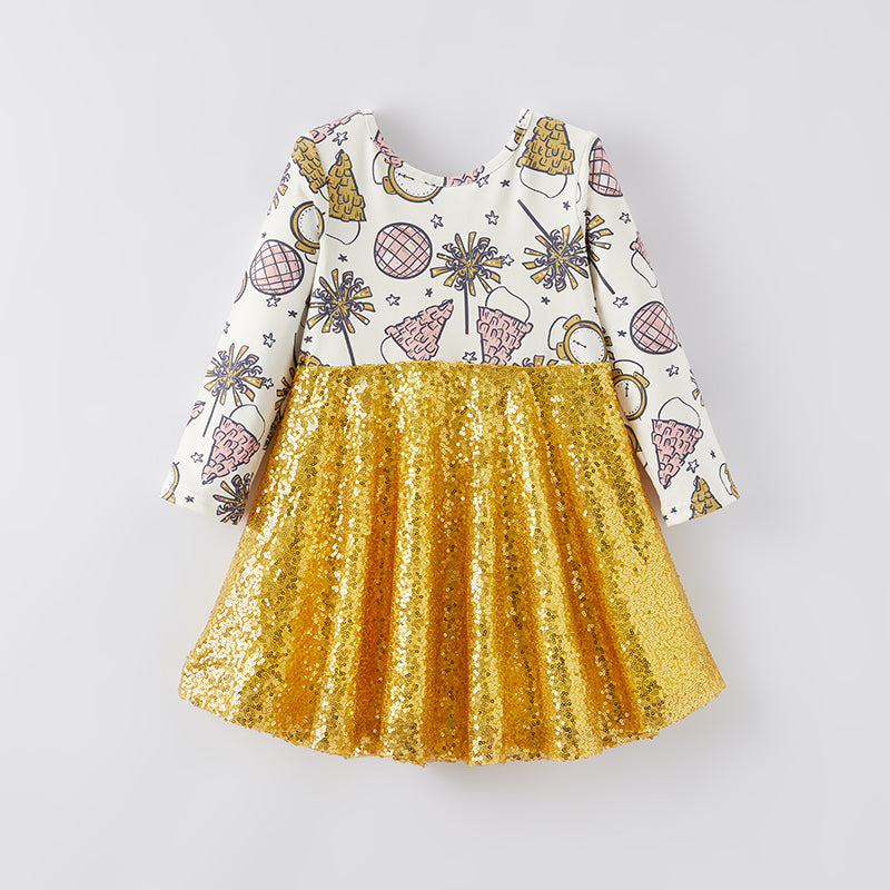 (In Stock E4-4-3)Girls Christmas Print Sequin Dress