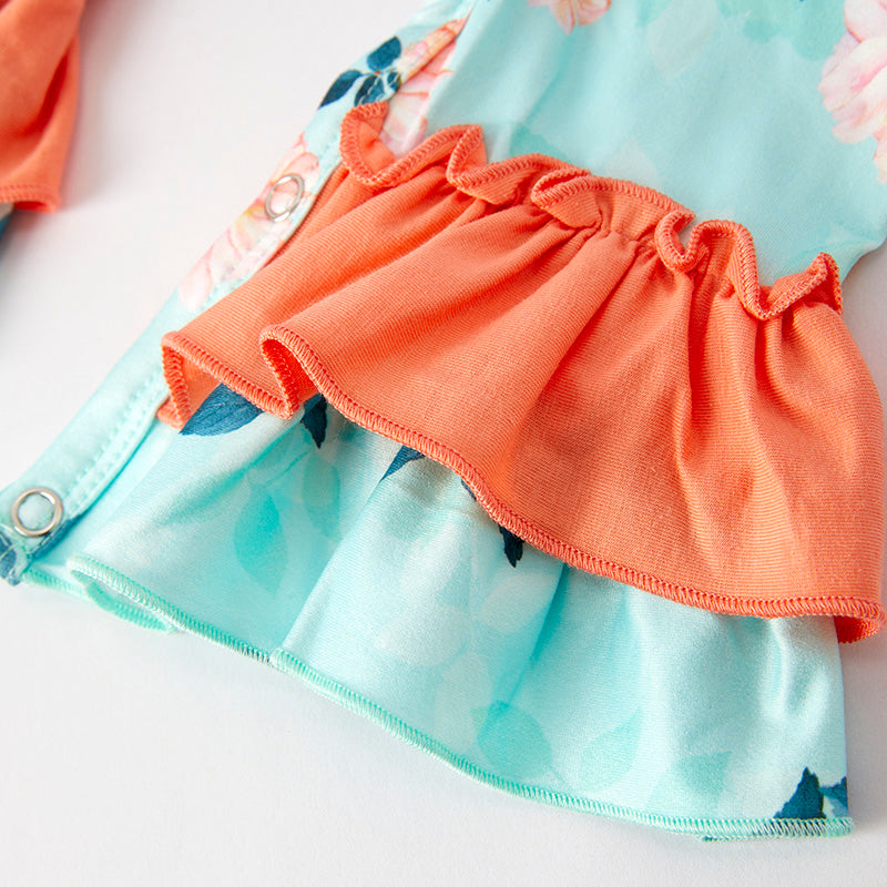 (In Stock)Toddler Girls Spring and Summer Coral Floral Print Romper