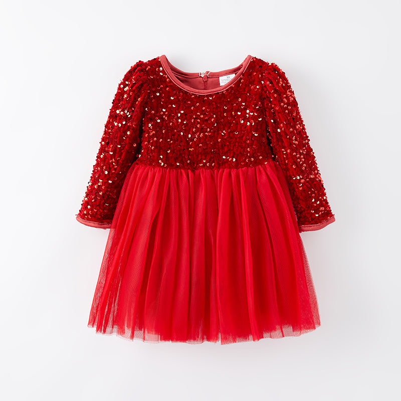(In Stock E3-2-3)Girls Christmas Red Sequin Tulle Dress