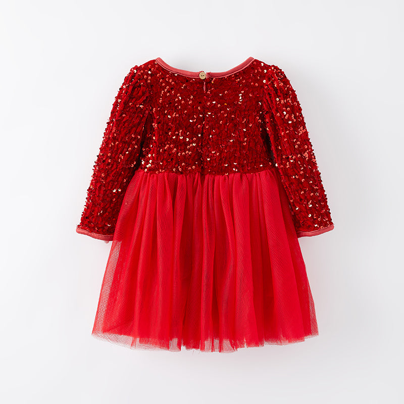 (In Stock E3-2-3)Girls Christmas Red Sequin Tulle Dress
