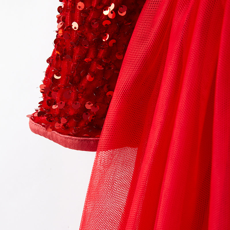 (In Stock E3-2-3)Girls Christmas Red Sequin Tulle Dress