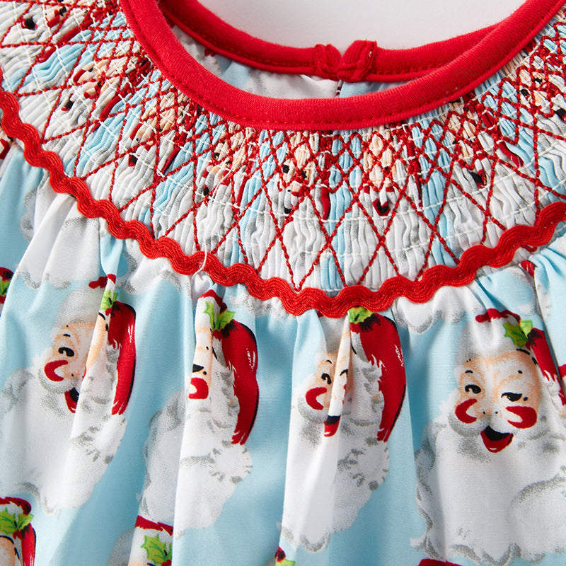 (In Stock L29-1-1)Baby Girls Christmas Santa Print Smocked Romper