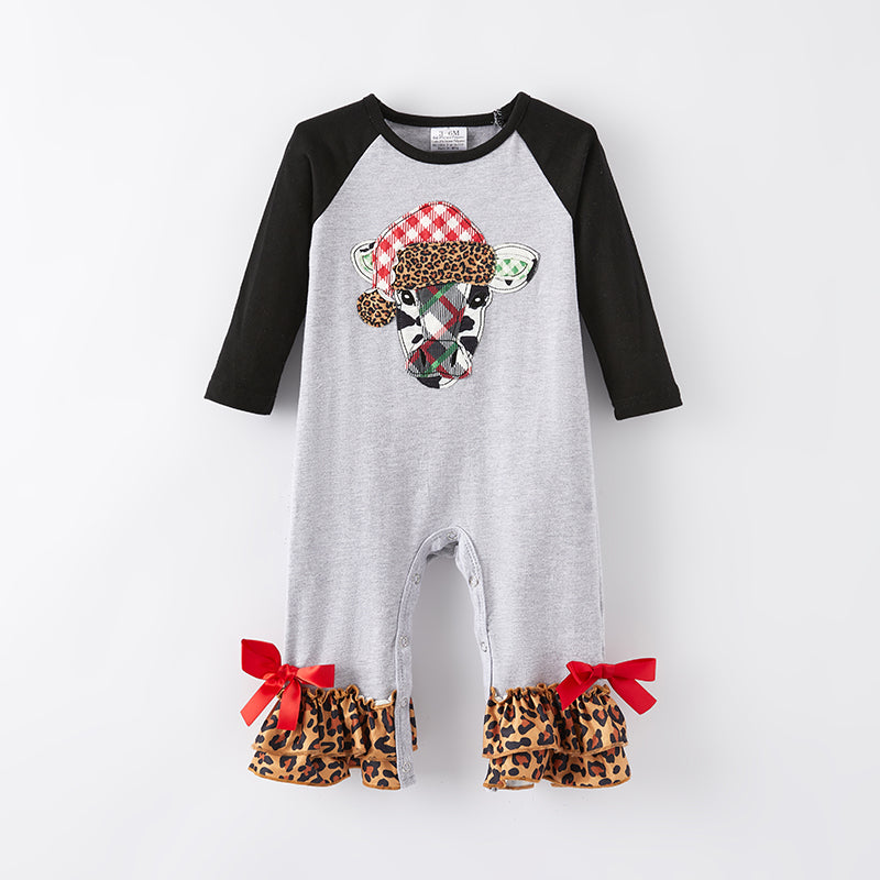 (In Stock L19-3-1)Baby Girls Christmas Cow Applique Romper
