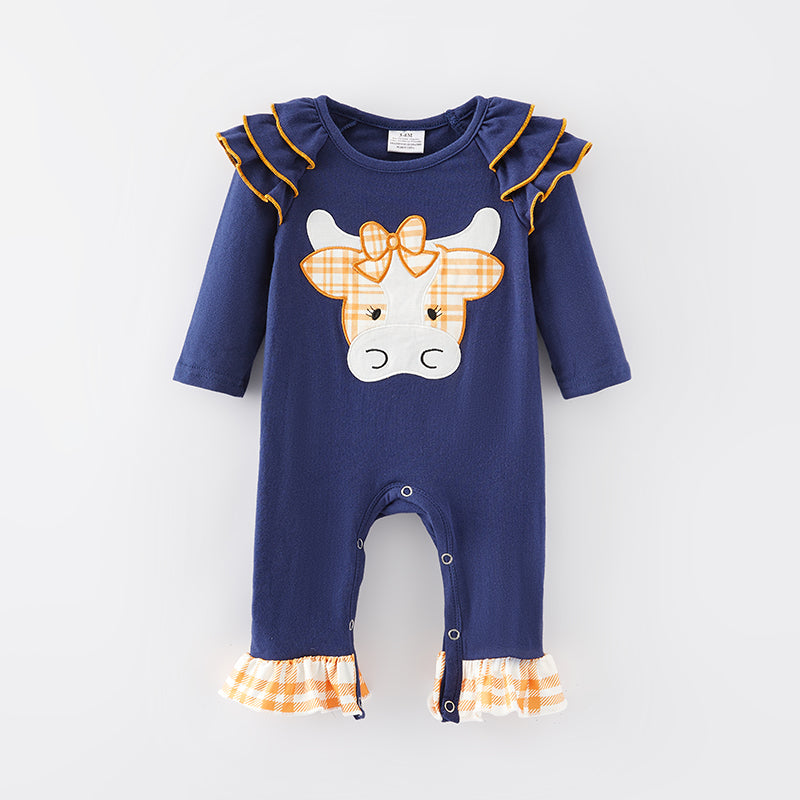 (In Stock Q11-4-2)Baby Girls Fall Cow Applique Romper