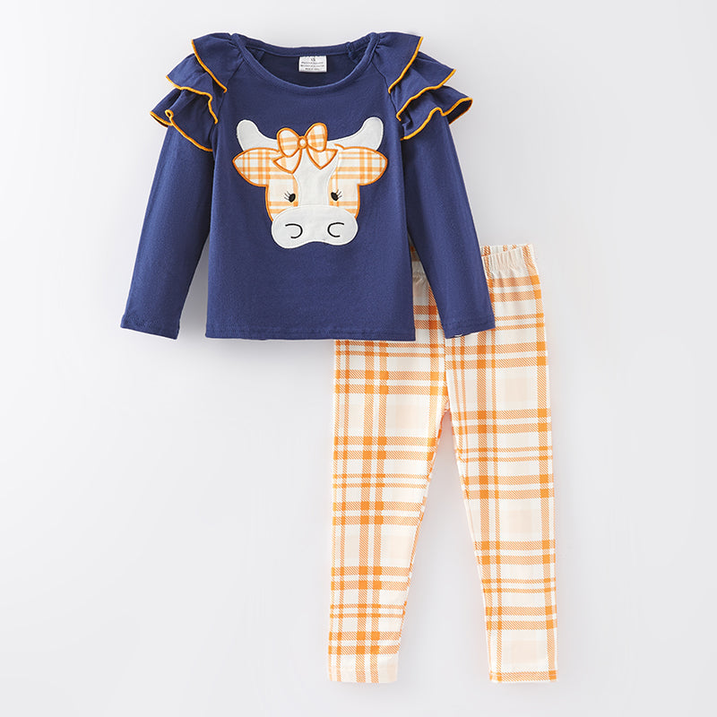 (In Stock Q11-5-2)Girls Fall Cow Applique Outfit Set