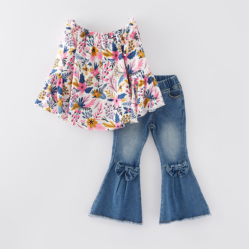 (In Stock Q12-2-2)Girls Fall Floral Print Denim Set