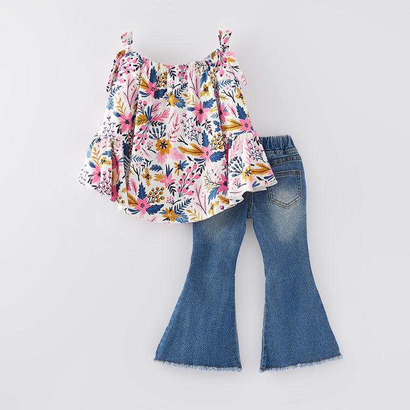 (In Stock Q12-2-2)Girls Fall Floral Print Denim Set
