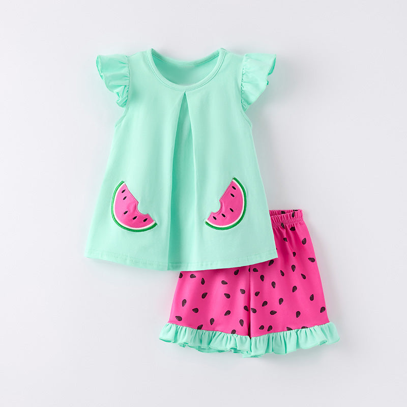 (In Stock)Girls Summer Watermelon Applique Shorts Set