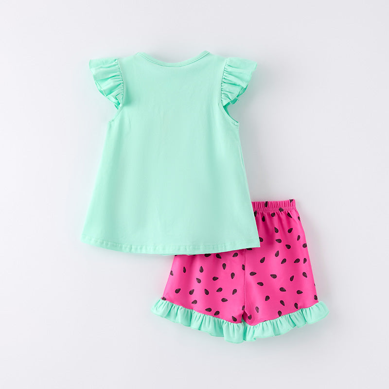 (In Stock)Girls Summer Watermelon Applique Shorts Set
