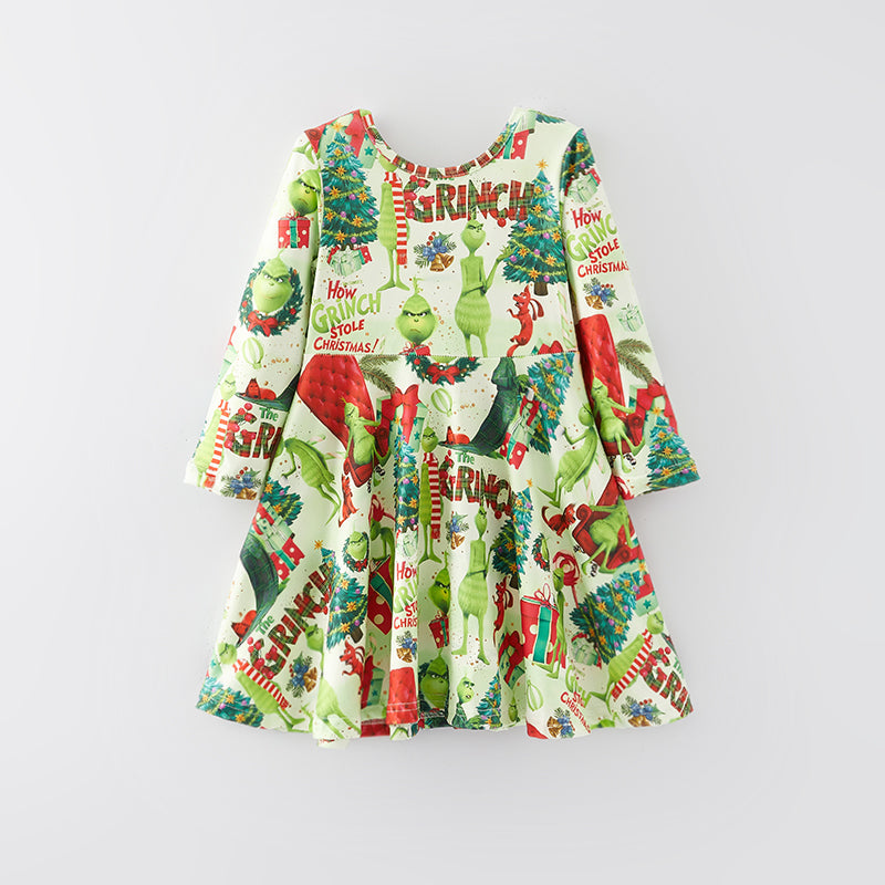 (In Stock G9-3-2)Girls Christmas Cartoon Print Dress