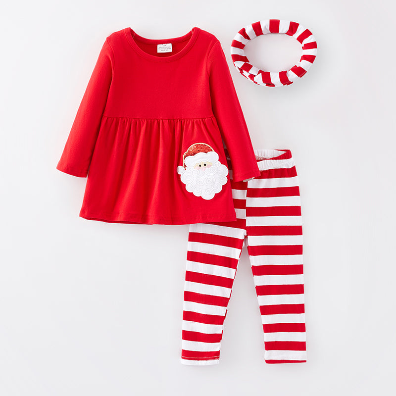 (In Stock G9-5-3)Girls Christmas Santa Applique Outfit Set with Scarf