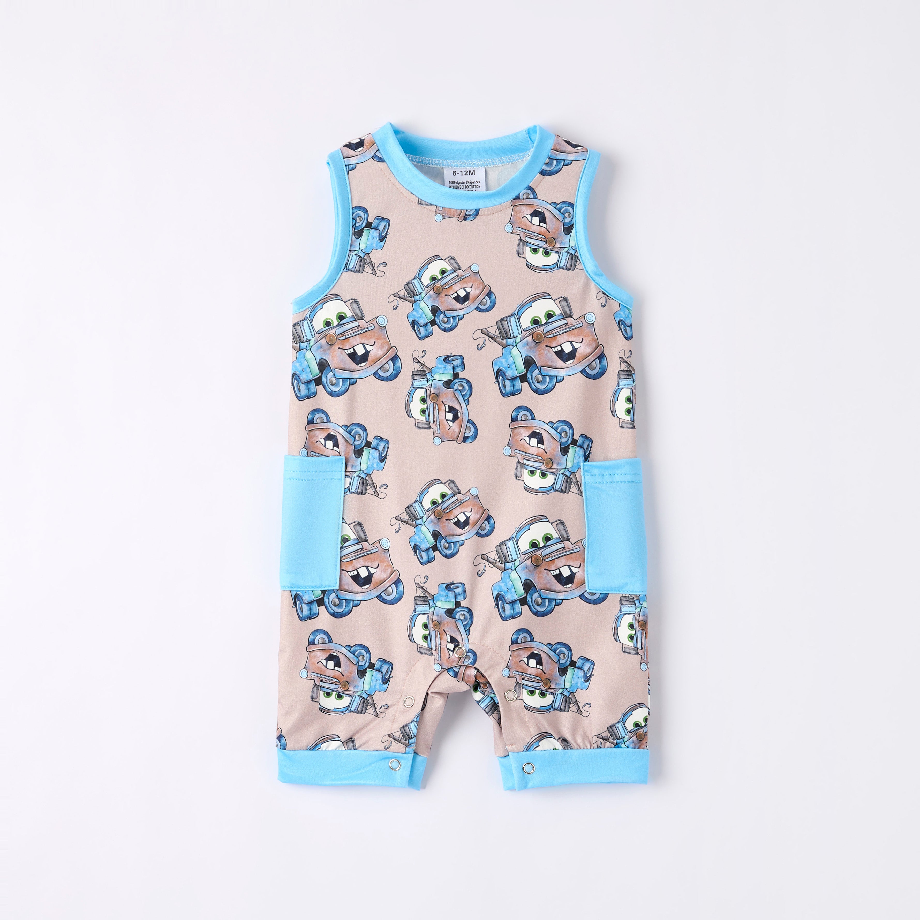 (Pre Order)Boys Summer Cars Pixar Print Pocket Sleeveless Romper