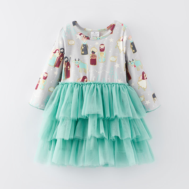(In Stock E34-1-3)Girls Christmas Print Tulle Dress