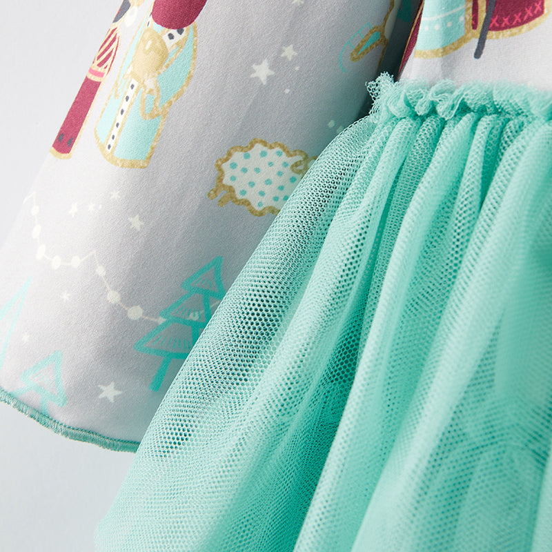 (In Stock E34-1-3)Girls Christmas Print Tulle Dress
