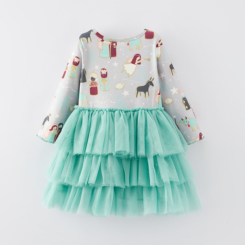 (In Stock E34-1-3)Girls Christmas Print Tulle Dress